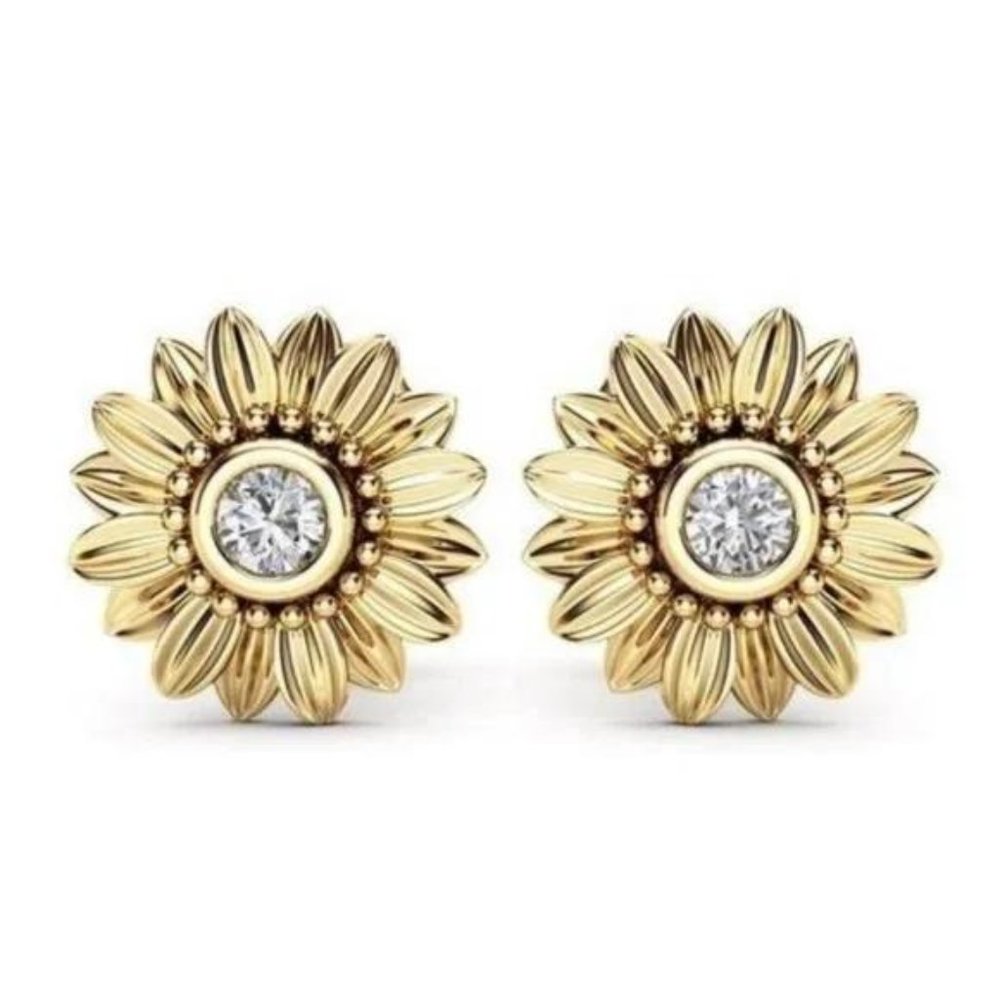 18K YELLOW GOLD SUNFLOWER STUD EARRINGS, NICE EARRINGS, CUTE EARRINGS